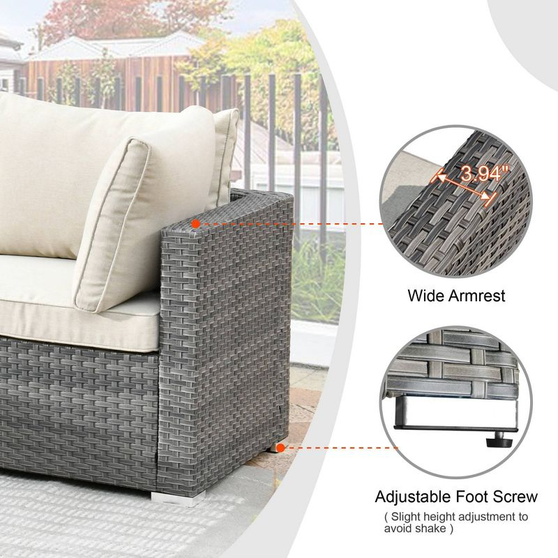 Ovios Venice 8pc Wicker Outdoor Patio Furniture Set Conversation Sofa with a Storage Fire Pit and Navy Blue Cushions