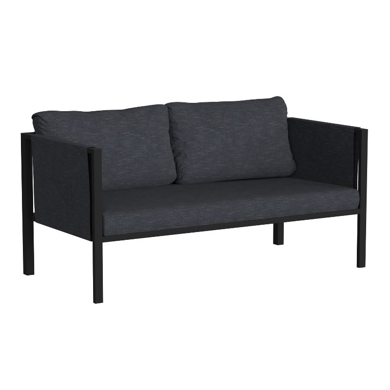 Flash Furniture Lea Indoor/Outdoor Loveseat with Cushions - Modern Steel Framed Chair with Storage Pockets, Black with Charcoal Cushions