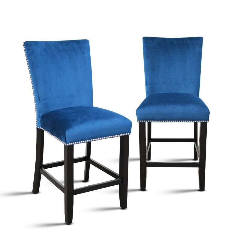 24" Set of 2 Camila Velvet Counter Height Barstools Blue - Steve Silver Co.: Nailhead Trim, Armless, Wood Legs, Spot Clean