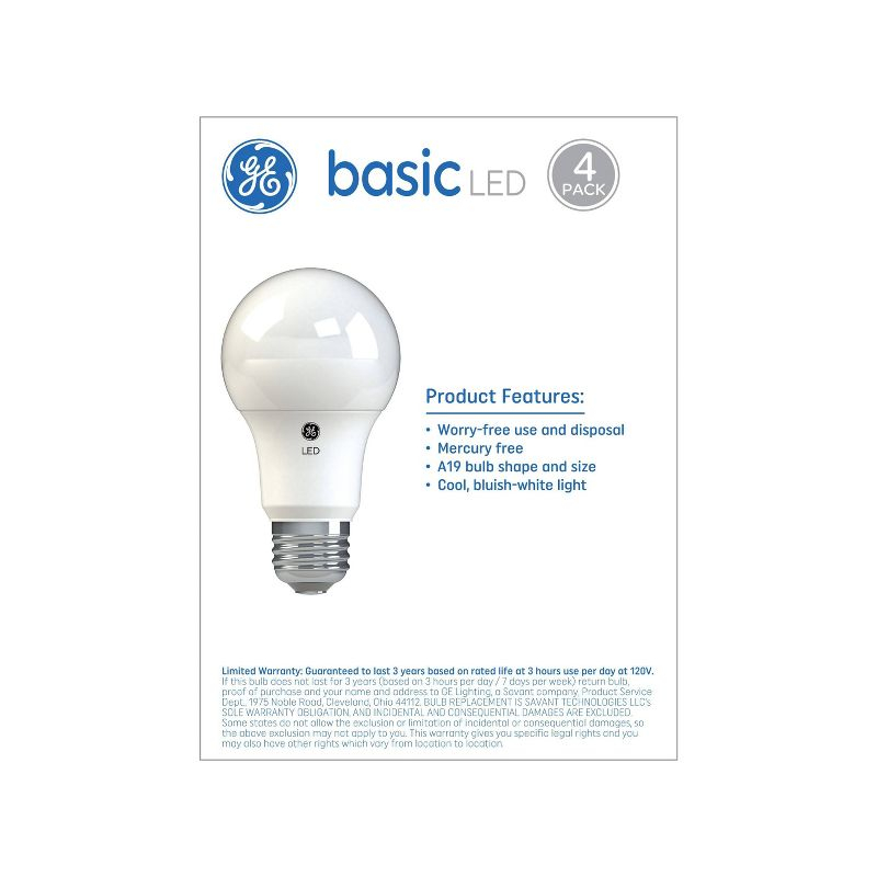 GE 4pk 40W Basic A19 LED Light Bulbs Daylight: 5000K, 420 Lumens, E26 Base, 9.1-Year Life, Damp Location Suitable