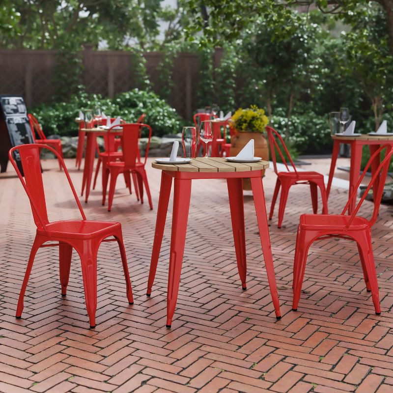 Flash Furniture Declan Commercial Grade Indoor/Outdoor Dining Table, 23.75" Round All Weather Brown Poly Resin Top with Red Steel Base