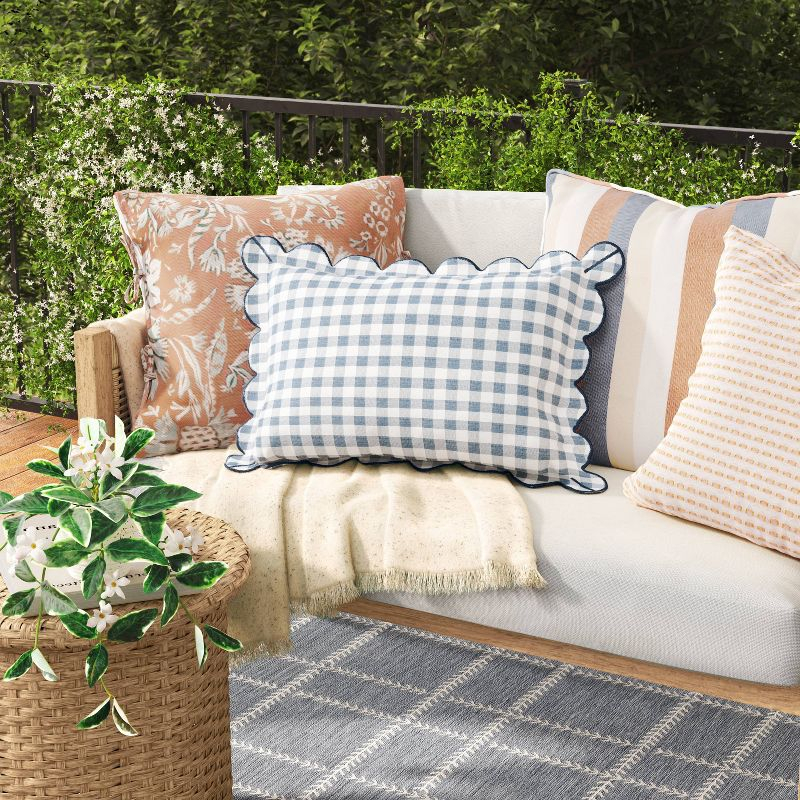 14"x20" Gingham Scalloped Edge Outdoor Lumbar Pillow Slate Blue - Threshold™ designed with Studio McGee