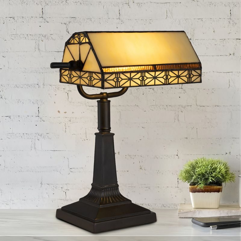 Hastings Home Tiffany-Style LED Bankers Lamp with Stained Glass Shade (Brown)