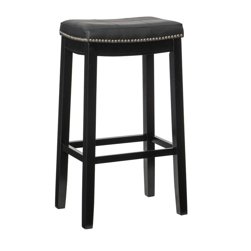 Claridge Backless Faux Leather Nailhead Saddle Barstool Black - Linon: Rubberwood Frame, 32.25" Height