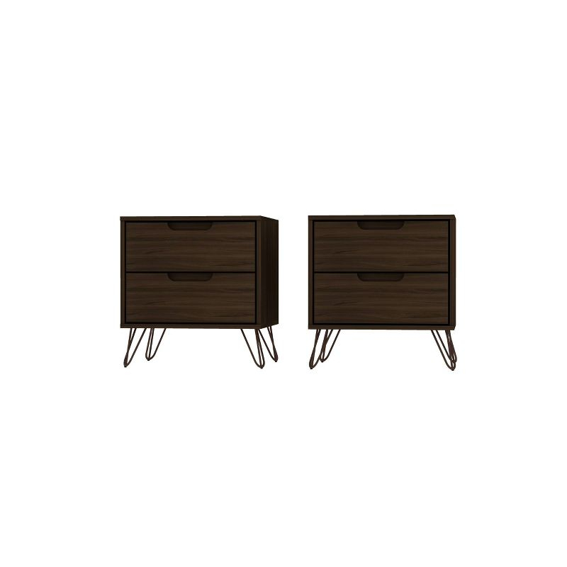Set of 2 Rockefeller 2 Drawer Nightstands Brown - Manhattan Comfort: Mid-Century Design, Metal Legs, MDF Construction