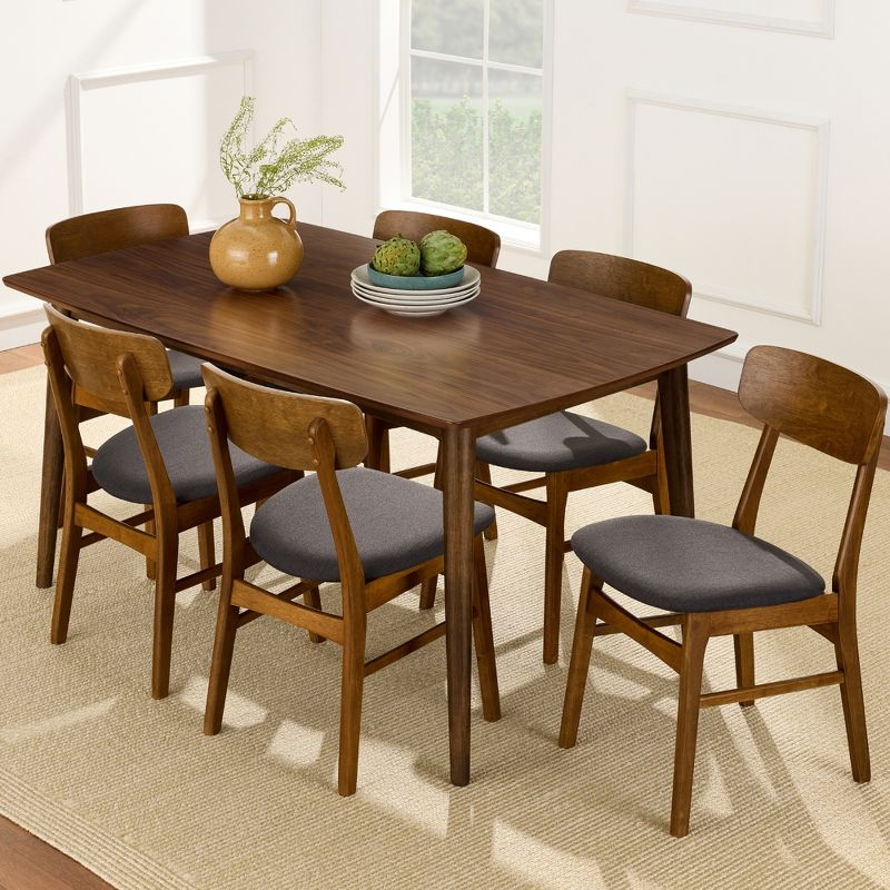 George Oliver 7-Piece Mid-Century Modern Upholstered Dining Set, Wooden Table W/ 6 Chairs - Walnut/Gray