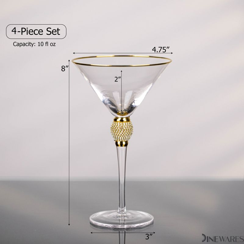 Dinewares Clear Stem Crystal Martini Glasses with Rim and Diamond-like Rhinestones, Elegant 10oz Glassware Set for Cosmopolitan Vodka, Gold Set of 4