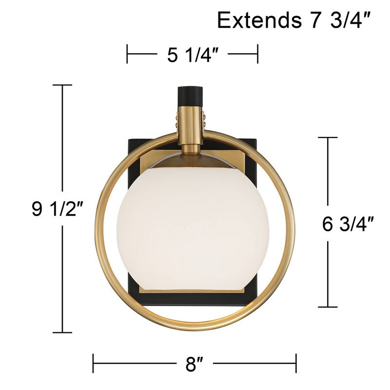 Possini Euro Design Carlyn Modern Wall Light Sconce Warm Brass Black Hardwire 8" Fixture Milky White Globe Glass for Bedroom Bathroom Vanity Reading
