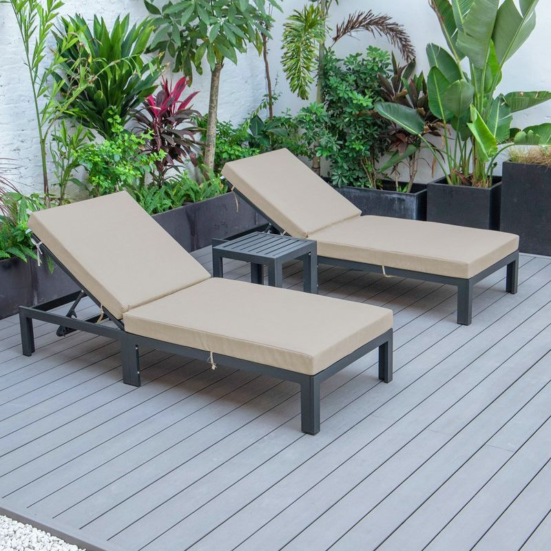 LeisureMod Chelsea Modern Outdoor Chaise Lounge Chair Set with Side Table, Black Aluminum – Set of 2 in Beige