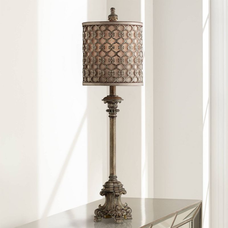 Regency Hill French Buffet Table Lamp Beige Scroll Metal Lattice Candlestick Framed Cylinder Shade for Dining Room