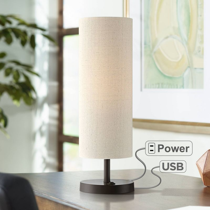 360 Lighting Heyburn Modern Accent Table Lamp 20" High Dark Bronze with USB and AC Power Outlet in Base Oatmeal Cylinder Shade for Bedroom Office Desk