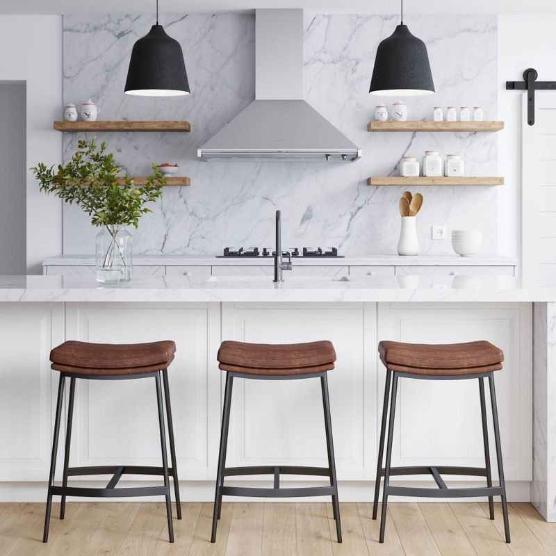 Upholstered Counter Height Metal Barstool Vintage Brown/Matte Black - Nathan James: Faux Leather, Modern Farmhouse Kitchen, 275 lbs Limit