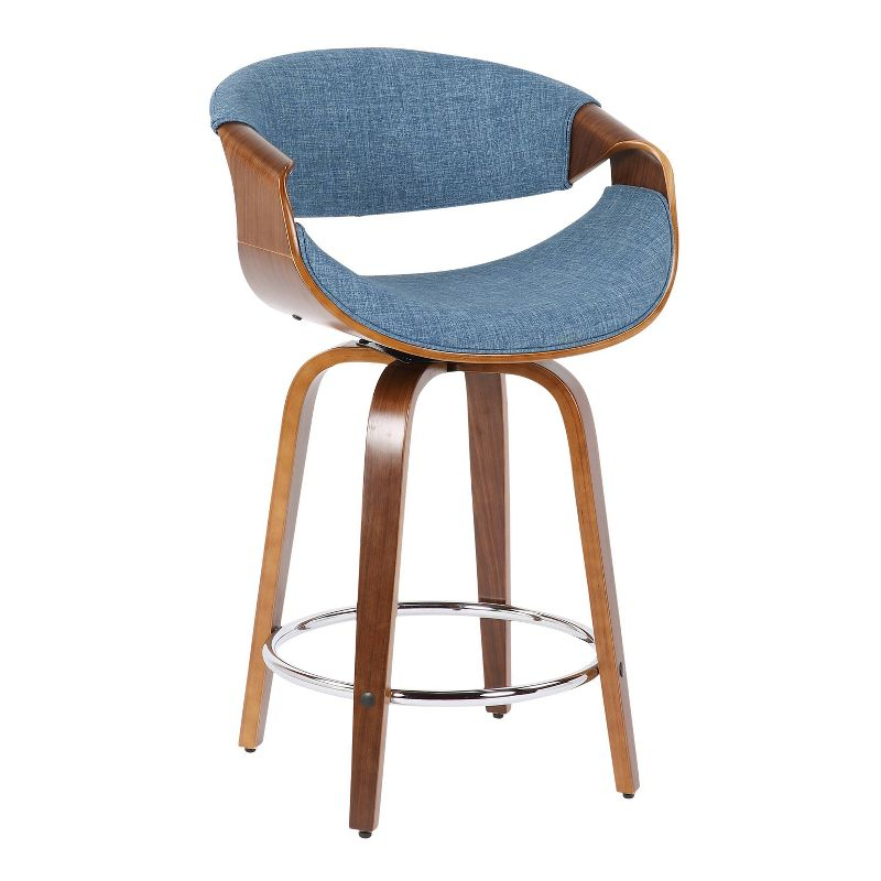LumiSource Set of 2 Curvini Upholstered Counter Height Barstools Blue/Walnut: Swivel, Chrome-Plated, Wood Legs