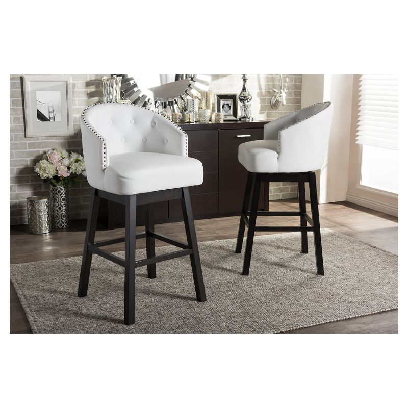 Set of 2 Avril Faux Leather Tufted Swivel Barstool with Nailhead Trim - White - Baxton Studio: Espresso Brown Legs, Rubberwood Frame