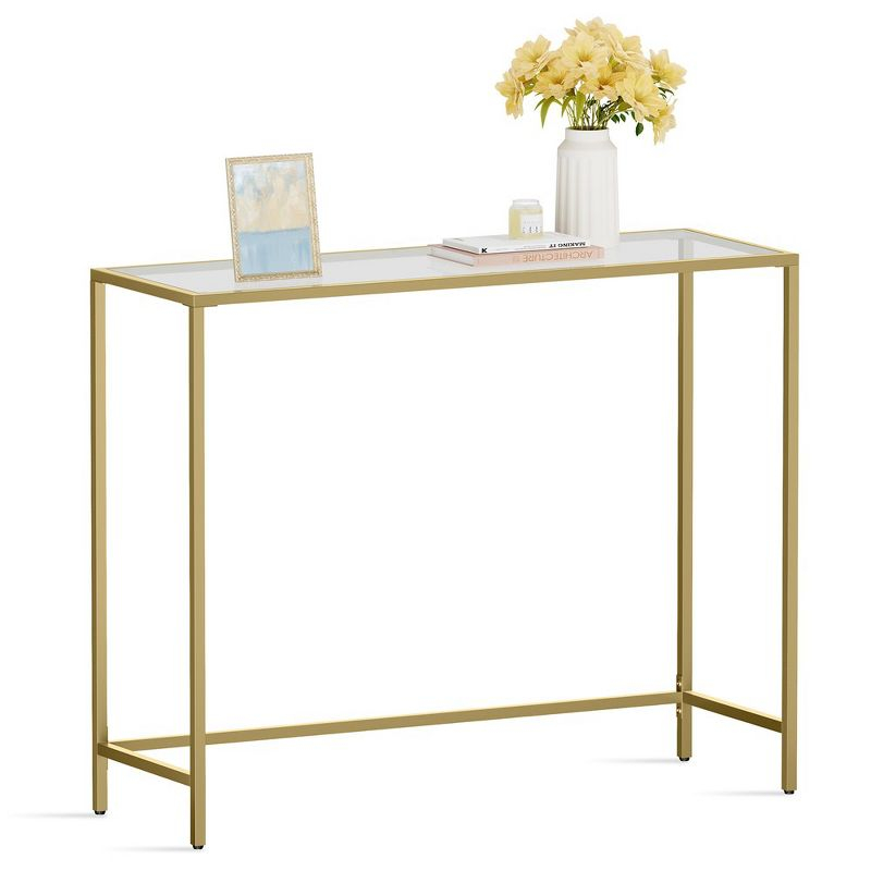 VASAGLE Console Sofa Table, Modern Entryway Table, Tempered Glass Table, Metal Frame 13.8 x 39.4 x 31.5 inches Gold