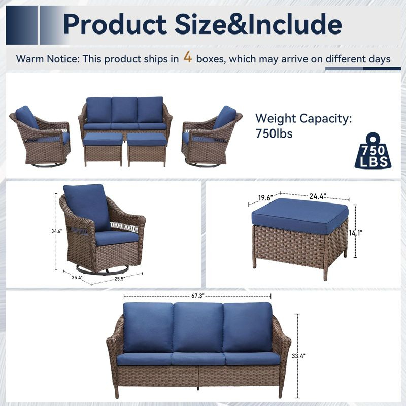 Buenhomino 5-Piece Patio Set, Wicker Sofa, Swivel Lounge Chairs & Ottomans, All-Weather PE Rattan with Cushions for Deck, Porch, or Garden