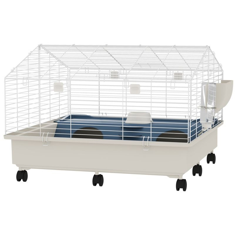 PawHut Small Animal Cage, Rolling Guinea Pig Cage with Water Bottle, Hay Feeder, Food Dish, Ramp, for Rabbits, Hedgehogs, 35" x 35" x 25", White