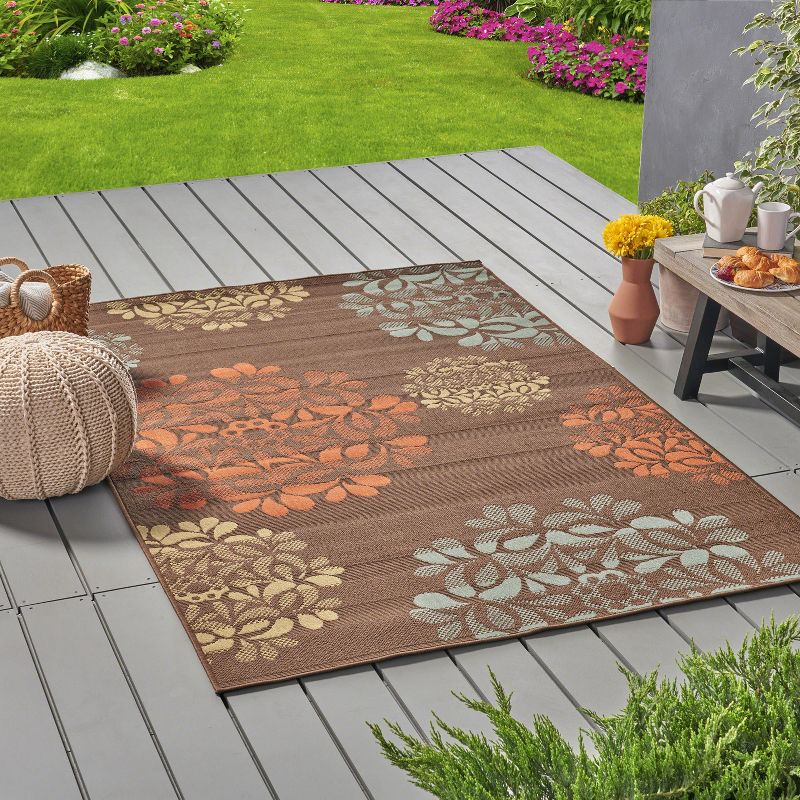 5' x 8' Henley Floral Outdoor Rug Brown/Blue - Christopher Knight Home: Vintage Style, Stain-Resistant, Loomed Polypropylene