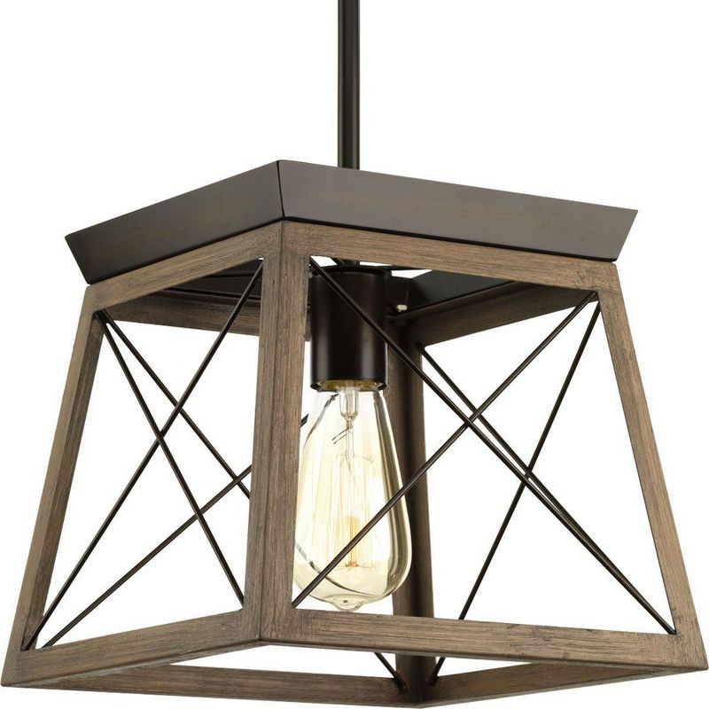 Progress Lighting Briarwood 1-Light Mini-Pendant, Steel, Graphite Finish, Faux-Painted Wood Enclosure