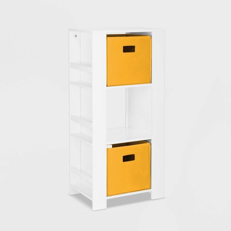 RiverRidge Home RiverRidge Book Nook Kids Bookshelf and Toy Organizer Tower with 3 Cubbies and 6 Bookracks for Playroom, Nursery, and Reading Nook - White with 2 Fabric Bins