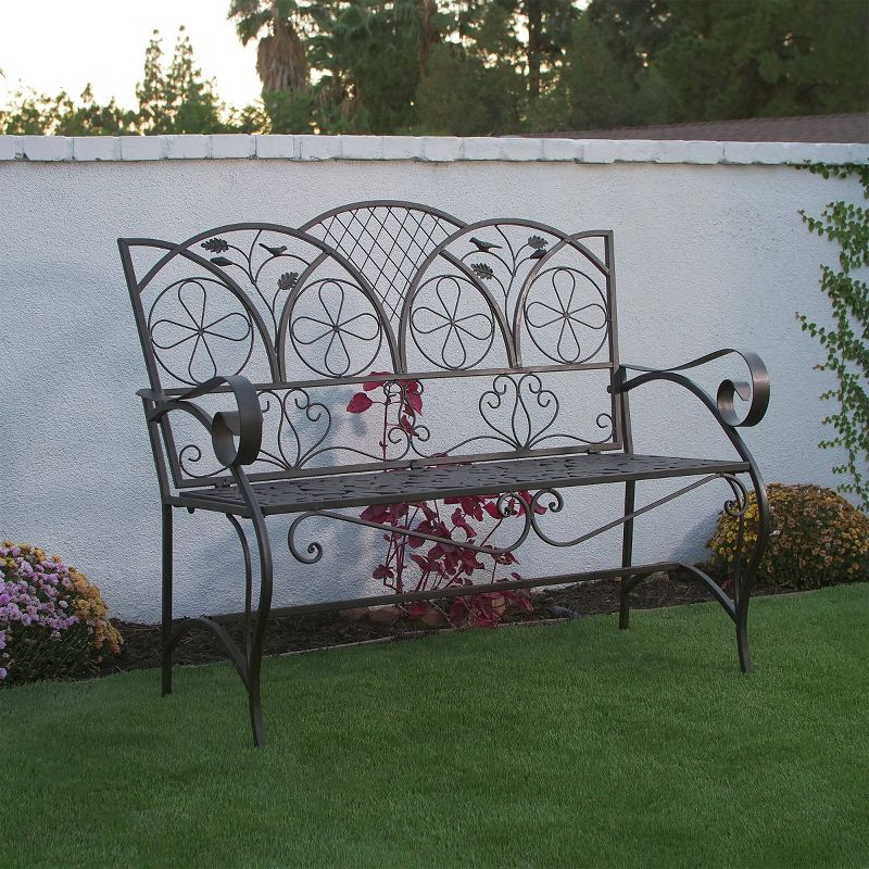 38" x 45" Iron Birds and Leaves Outdoor Garden Bench Brown - Alpine Corporation: Weatherproof, Decorative Yard Seating