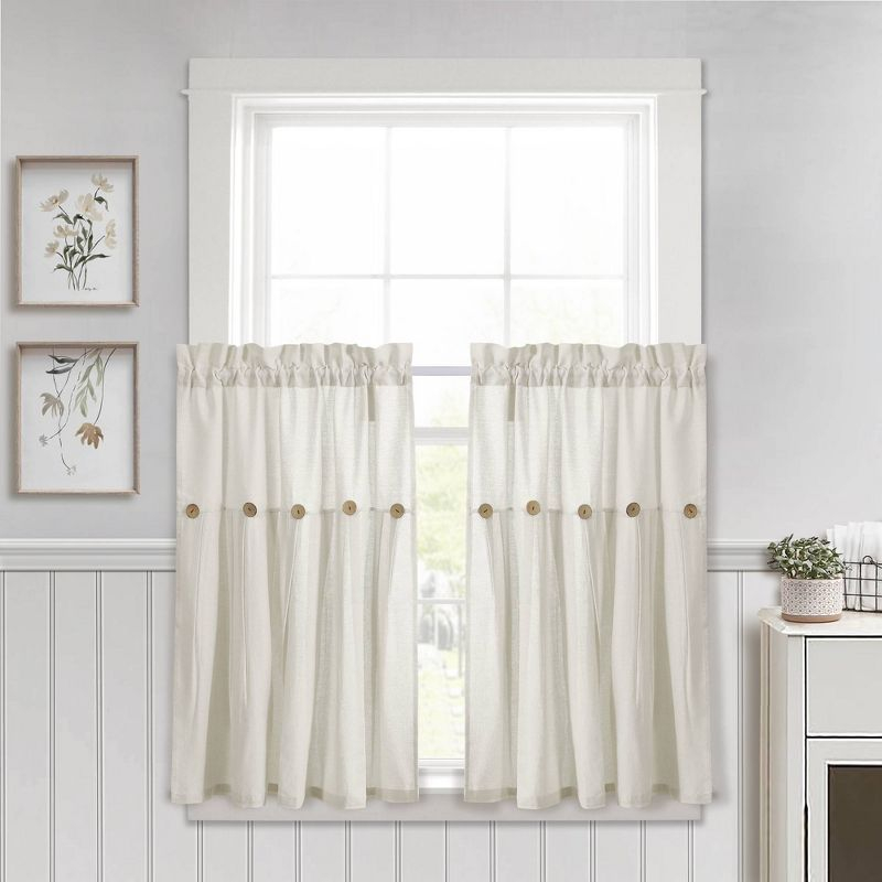 Set of 2 (36"x29") Farmhouse Linen Button Kitchen Curtain Tiers Off White - Lush Décor: Solid Cotton & Linen Rod Pocket