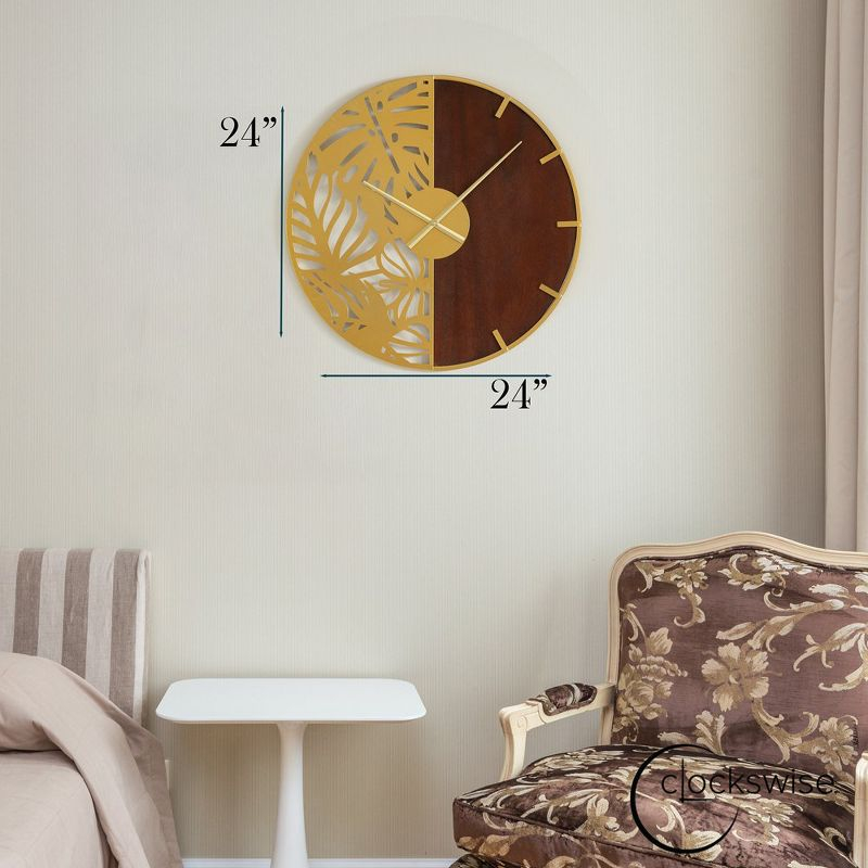 Clockswise 23.6” Round Big Wall Clock, brown wood and gold Metal with Leaf Cutout for Entryway Office Living Room or Kitchen, Hanging Supplies Include