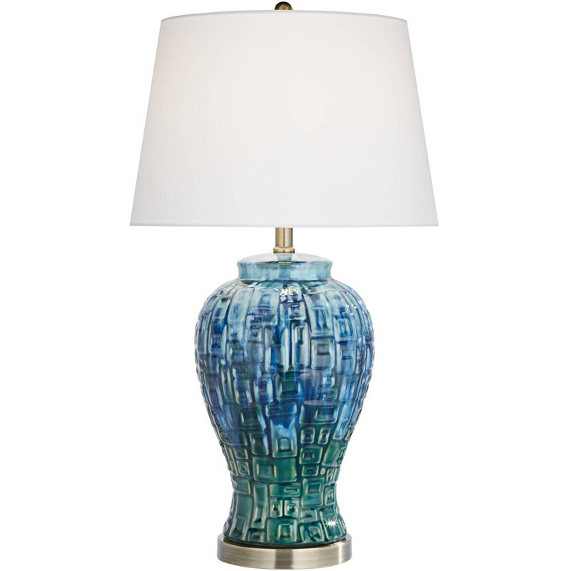 Possini Euro Design Asian Inspired Table Lamp 27" Tall Ceramic Teal Glaze Patterned Temple Jar White Empire Shade for Living Room (Colors May Vary)