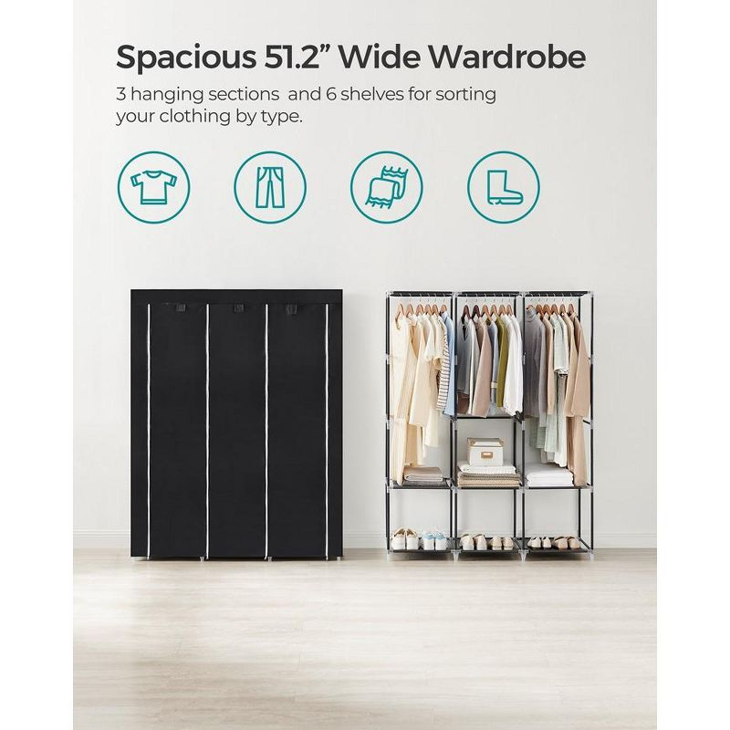 SONGMICS Portable Closet Clothes Wardrobe Organizer with Corver Clothing Rack with 3 Hanging Rods and Shelves Room Black