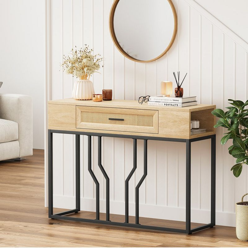 Garvee Rattan Console Table, Sofa Tables Narrow Entryway Table with Drawer and Storage for Living Room, Foyer, Bedroom