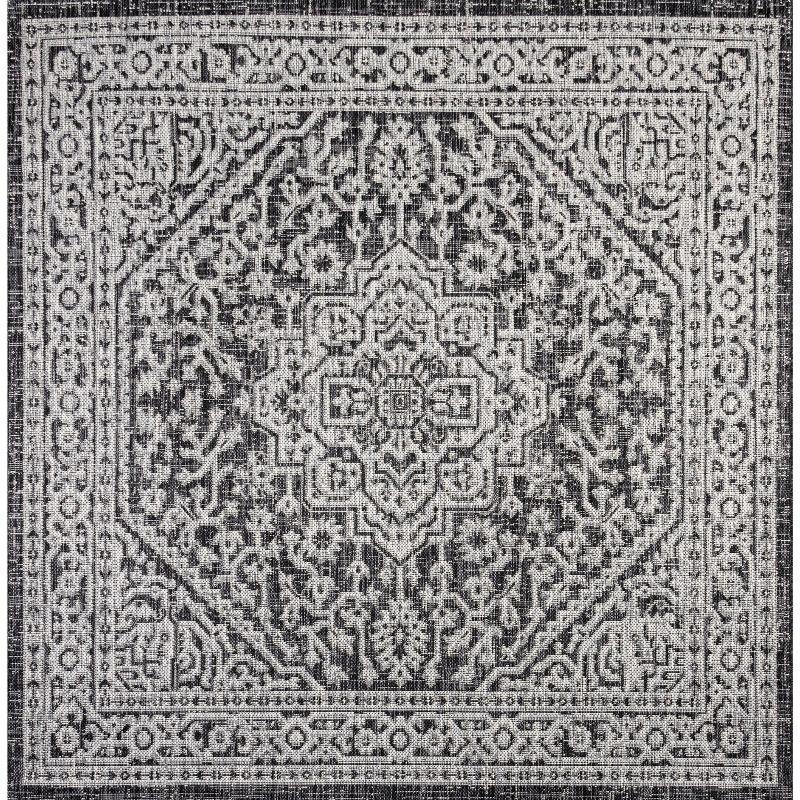 5' Square Sinjuri Medallion Textured Weave Indoor/Outdoor Area Rug, Gray/Black - JONATHAN Y