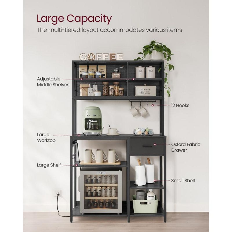 VASAGLE Bakers Rack with Charging Station, Coffee Bar Stand with Adjustable Storage Shelves, Fabric Drawer, 12 Hooks,Charcoal Gray and Ink Black