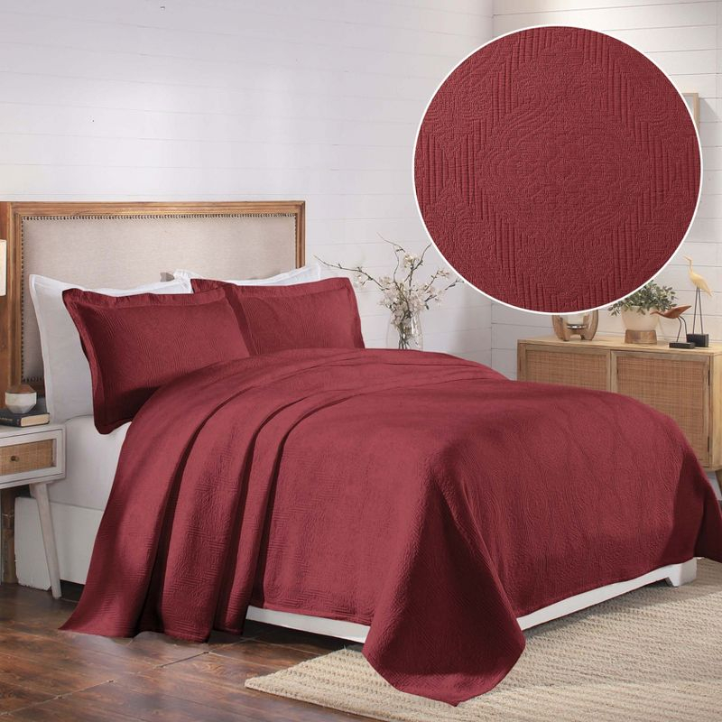 Vintage Cotton Matelasse Jacquard Medallion Scroll Bedspread Set, Twin, Garnet Red - Blue Nile Mills