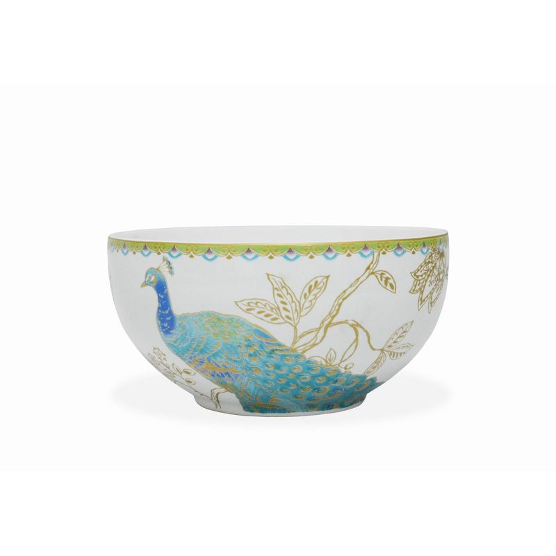 222 Fifth Peacock Garden Porcelain 16pc Dinnerware Set White: Round Dish Set, Service for 4, Bird Pattern, Dishwasher-Safe