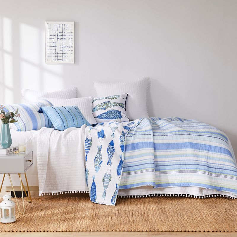 Pom Pom White/Teal Full/Queen Quilt - Levtex Home