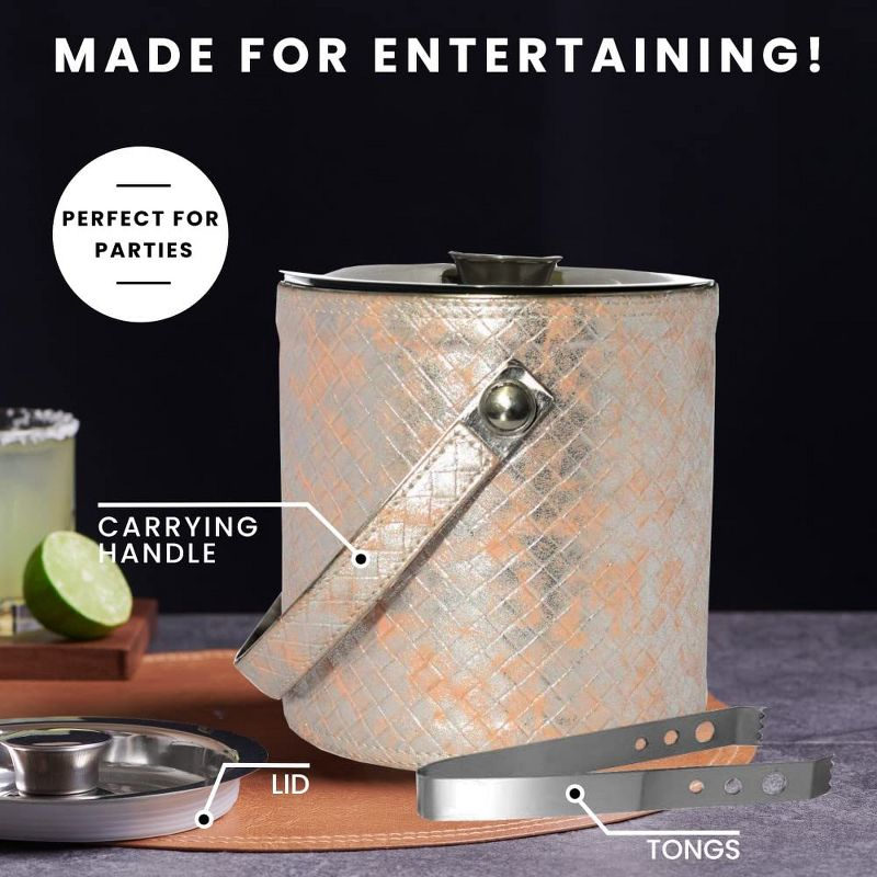 Sol Living 1.6 Qt. Double Wall Stainless Steel Ice Bucket Includes Tongs and Lid - Pink Leather