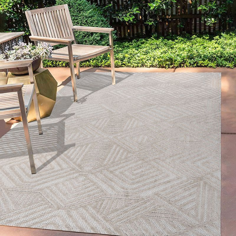 5'x8' Jordan High-Low Pile Art Deco Geometric Indoor/Outdoor Area Rug, Beige - JONATHAN Y