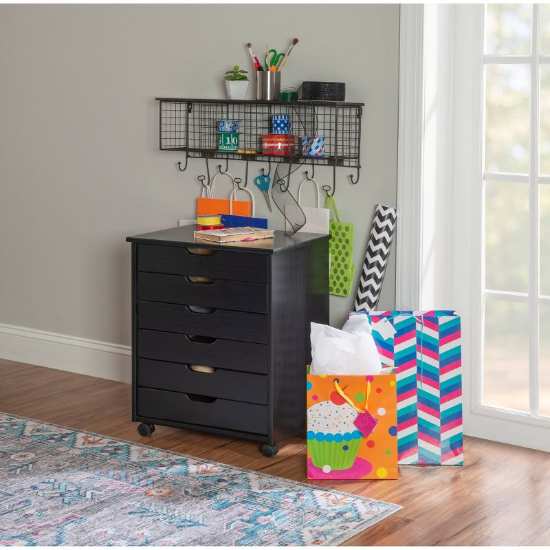 Cary Transitional 6 Drawer Solid Wood Contoured Handle Cut Out Wide Roll Cart Black - Linon: Pine Frame, Farmhouse Style, Portable Storage