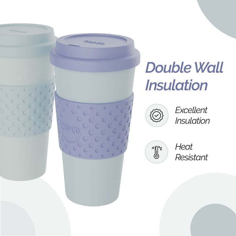 Copco Acadia To Go Mug Set of 2, 16 Ounce Reusable Coffee Cups with Lids, Durable & BPA-Free, Travel Mugs Double-Wall Insulation, Purple & Teal
