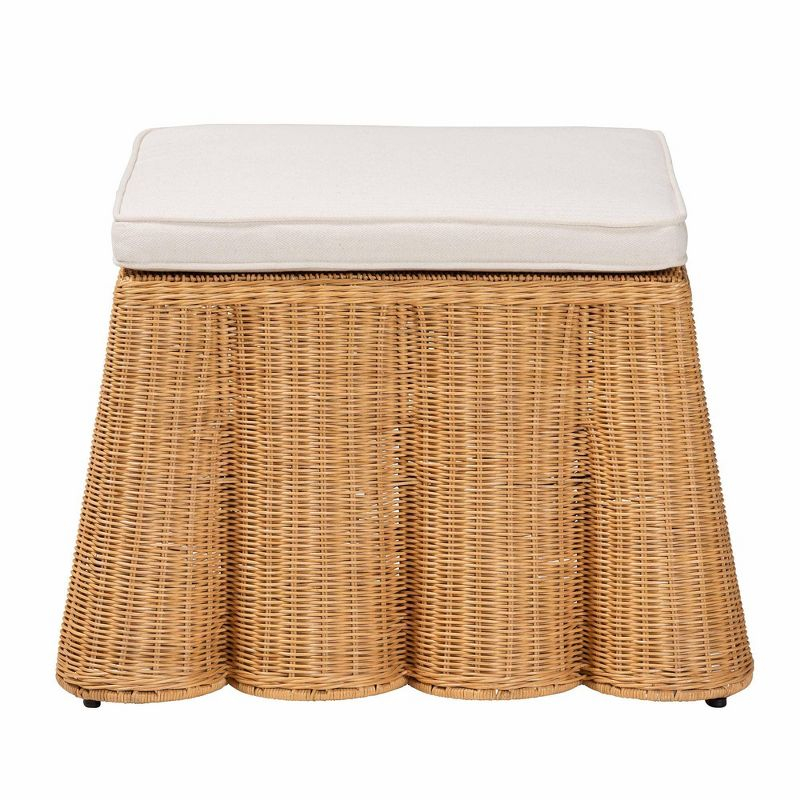 bali & pari Palm Scallop Rattan Ottoman Honey: Square Upholstered, No Assembly, Polyester, Plywood