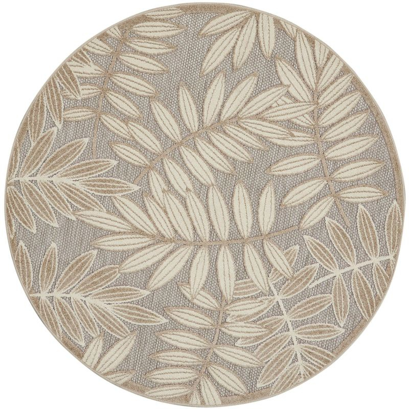 Nourison Aloha Floral Leaf Flatweave High-Low Indoor Outdoor Round Rug Natural 5'3" x 5'3"