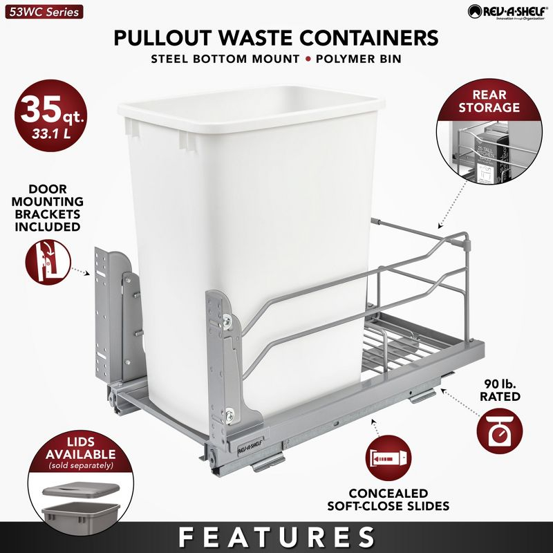 Rev-A-Shelf Pullout Trash Can for Under Kitchen Cabinets 35 Quart  8.75 Gallon with Soft-Close Slides and Rear Storage, Champagne, 53WC-1535SCDM-112