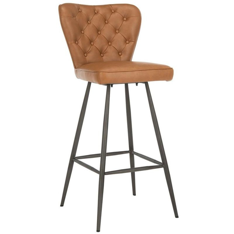 Aster 30"H Mid-Century Modern Leather Tufted Bar Stool (Set of 2) - FOX1703 - Camel - Safavieh Couture