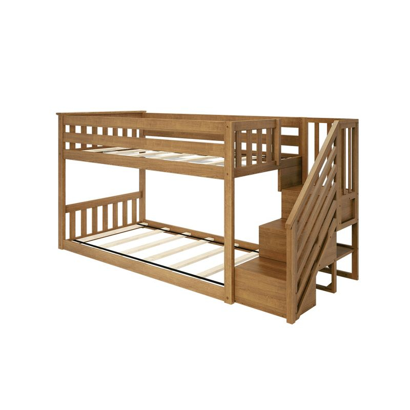 Max & Lily Solid Wood Twin over Twin Low Bunk Bed for Kids with Staircase, Pecan