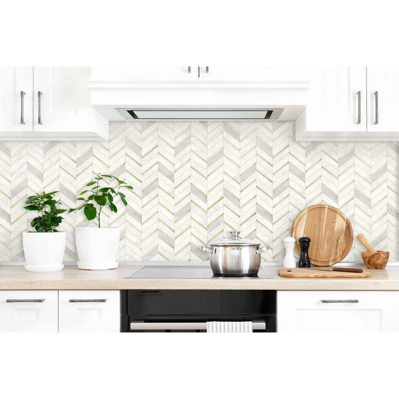 NextWall Faux Chevron Marble Tile Peel and Stick Wallpaper: Self-Adhesive, Repositionable, Washable, Gold, 30.75 Sq Ft Coverage