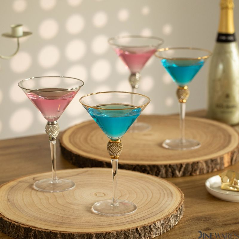 Dinewares Clear Stem Crystal Martini Glasses with Rim and Diamond-like Rhinestones, Elegant 10oz Glassware Set for Cosmopolitan Vodka, Gold Set of 4