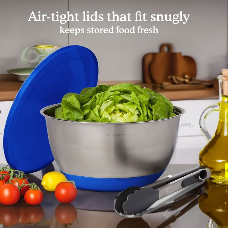 Mixing Bowls with Lids Set - Nesting Bowls with Airtight Lids + Graters - Stainless Steel Non-Slip Mixing Bowl for Baking, (Blue, 5-Piece Set)