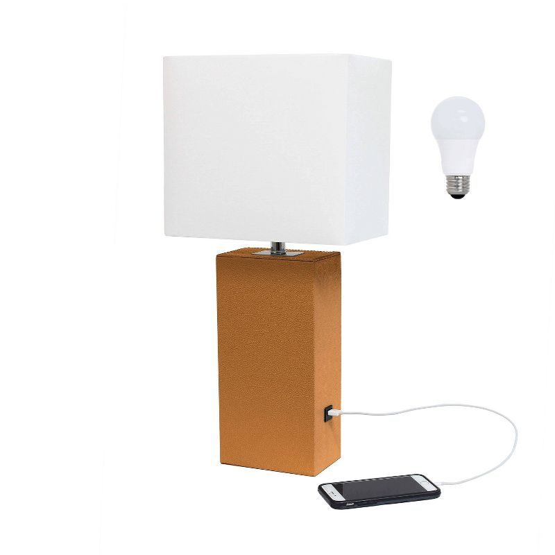 21" Lexington Leather Base Modern Home Decor Bedside Table Lamp with USB Charging Port and Fabric Shade Tan/White - Lalia Home: No Assembly