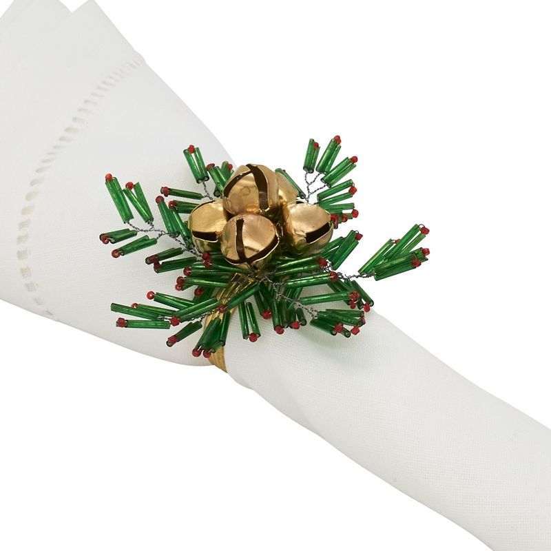Saro Lifestyle Holiday Napkin Rings With Beaded Snowflake and Bells Design (Set of 4), Green, 4"