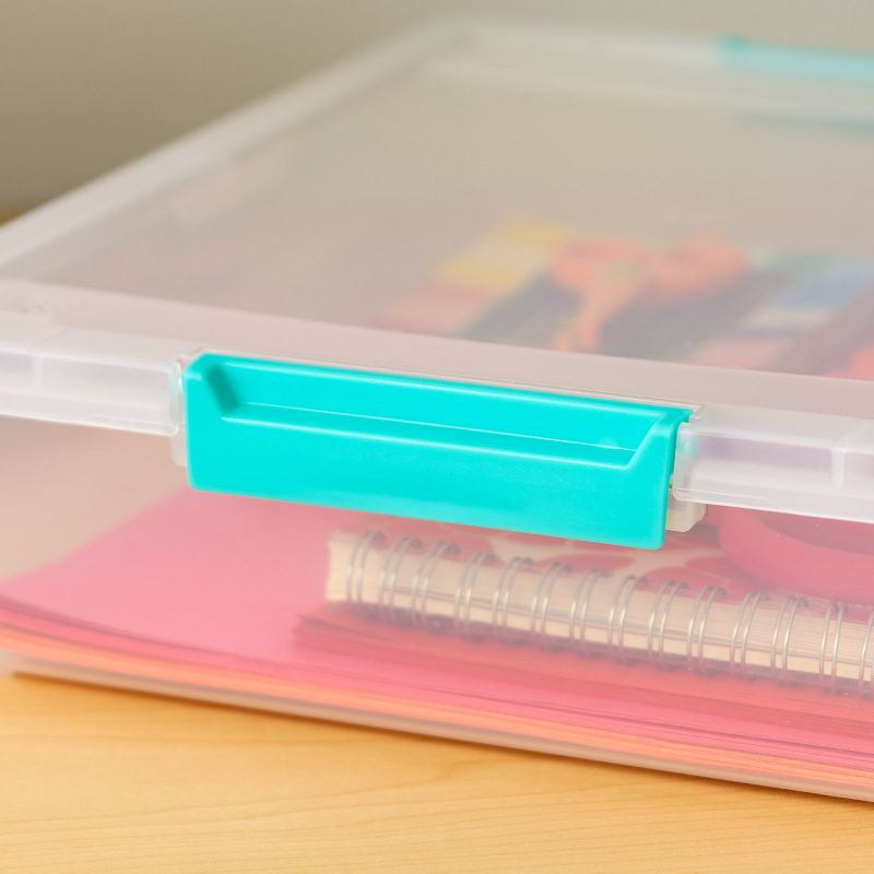 IRIS USA 12 Qt. Large Deep Clip Box, 4 Pack, Clear Plastic Storage Container Bins with Latching Lids, Seafoam Blue Buckles